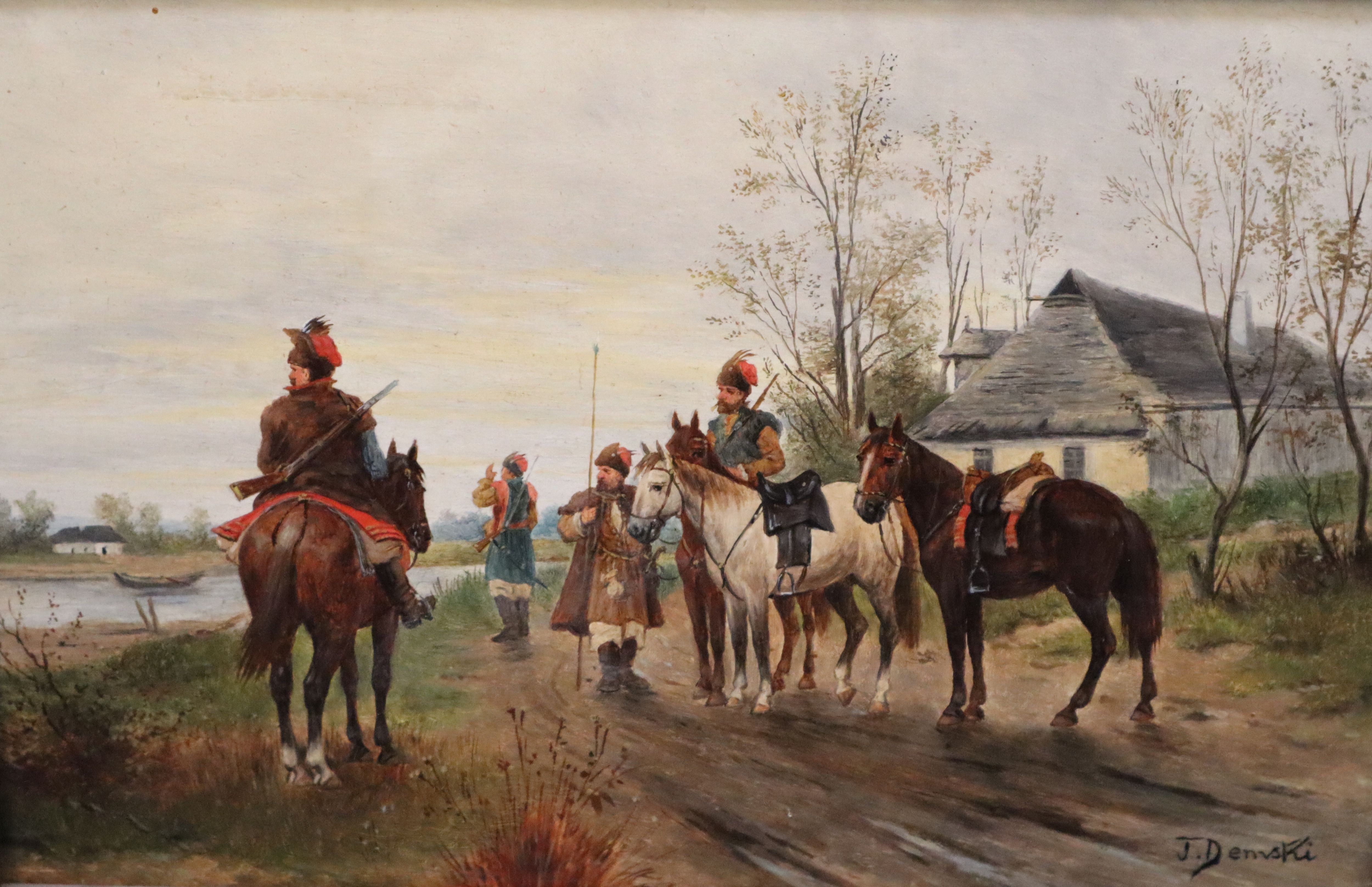 J. Demski (19th C Russian) Cossacks on country lanes 8 x 12in.